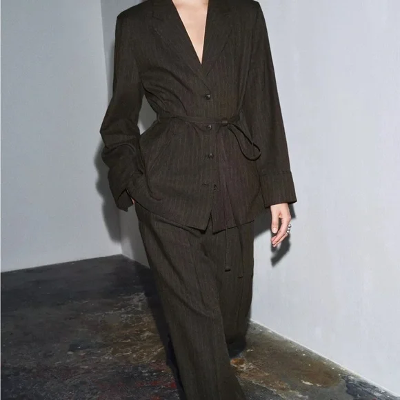 Zara herringbone belted blazer ZE collection in brown marl - small - Picture 2 of 10